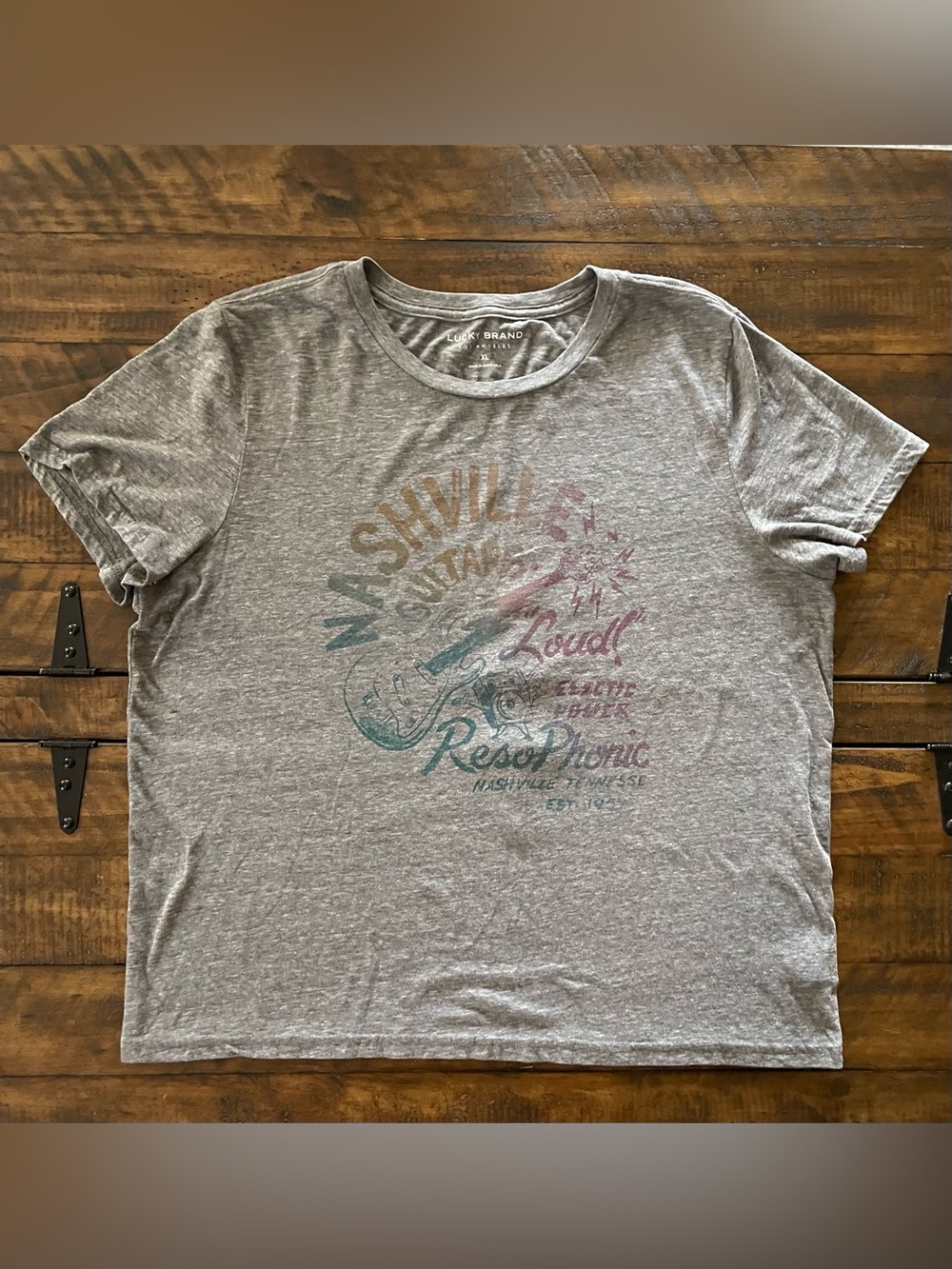 Lucky Brand Nashville Guitar Graphic Tee Size XL Gray Tri-Blend
